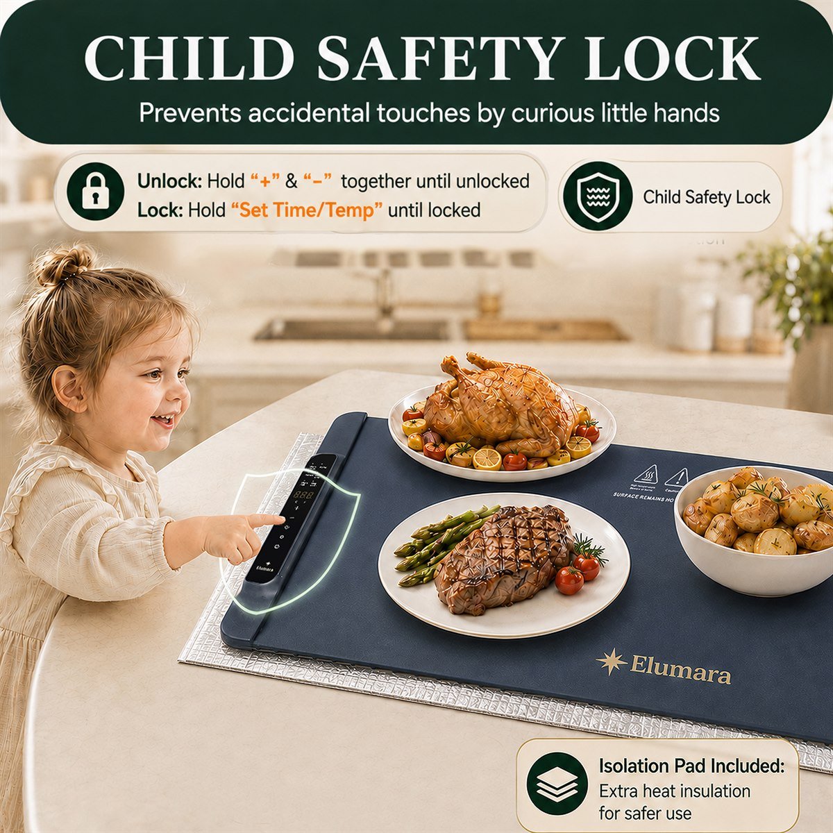 A child pressing the locked control panel of the warming mat