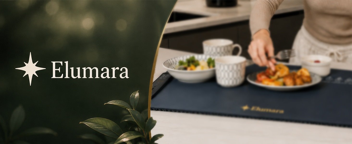 The Elumara warming mat keeping a meal at serving temperature on a kitchen counter