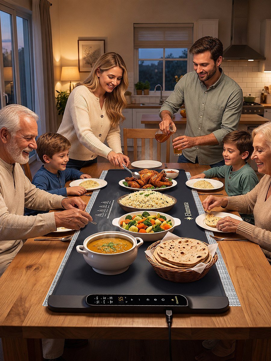 Elumara warming mat set with a family dinner spread