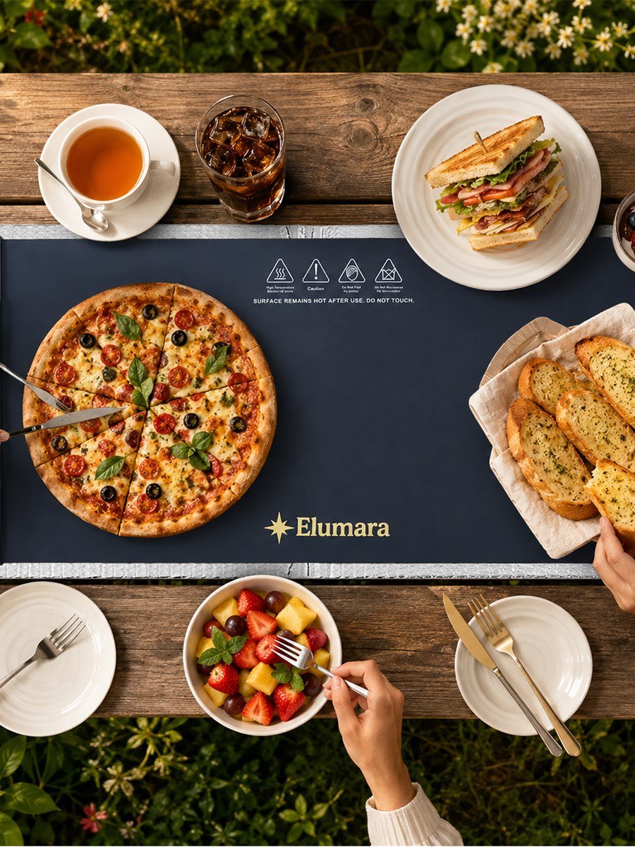 Overhead view of a pizza spread served on the Elumara warming mat