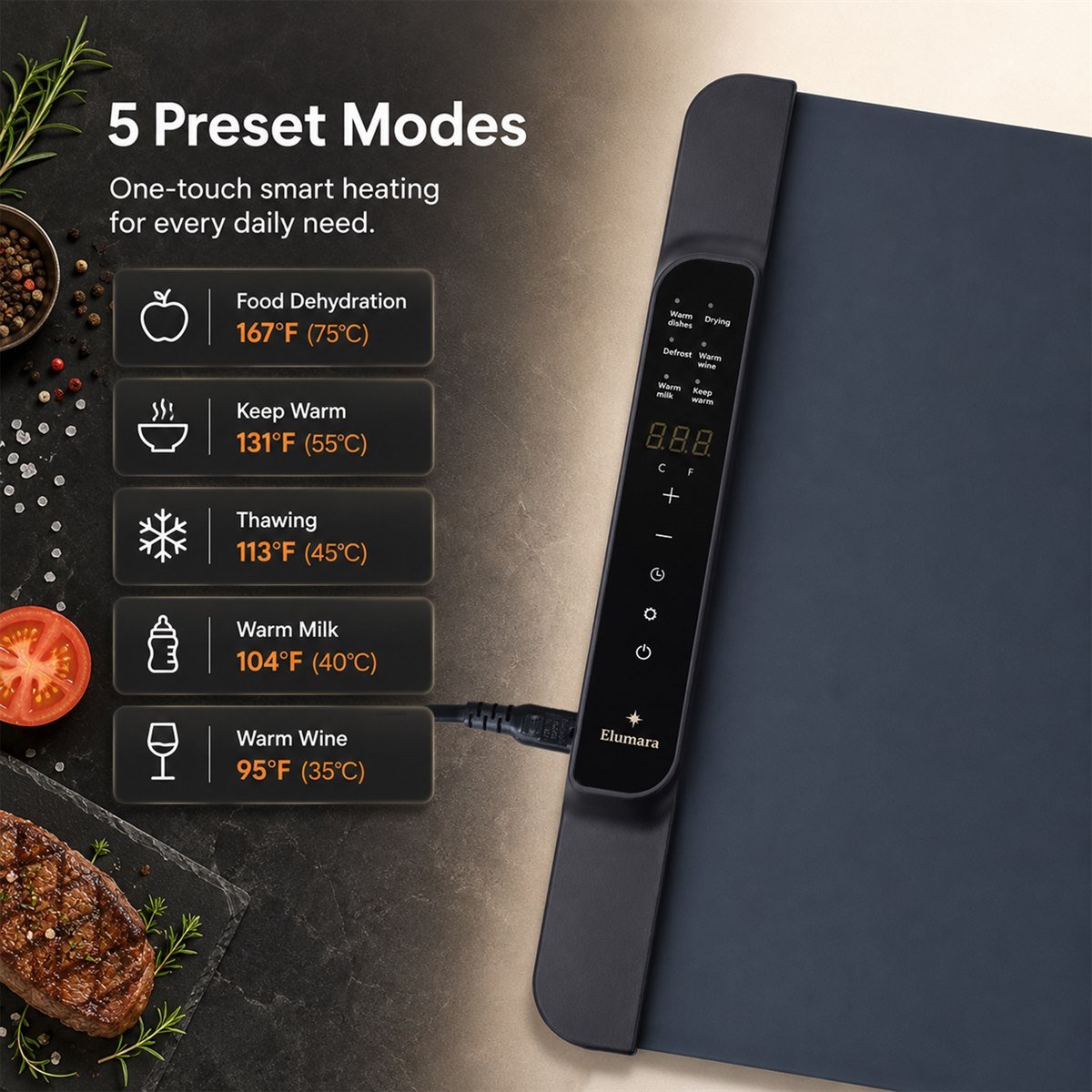 Five preset modes for food, keep warm, thawing, milk and wine