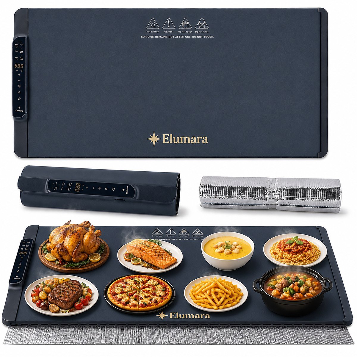 The Elumara mat, controller, foil roll and a full dinner spread laid out together