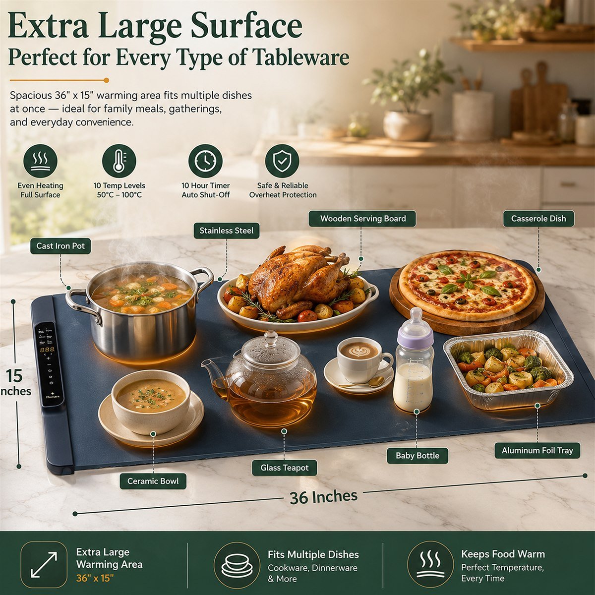 The 36 by 15 inch surface holding a casserole, turkey, pizza and pots at once