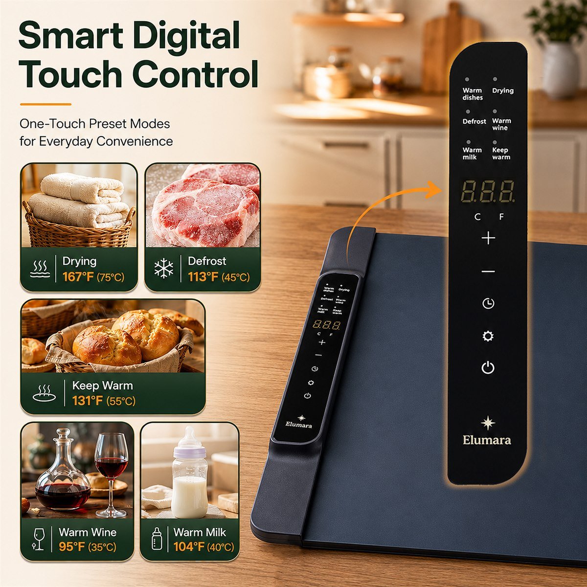 Elumara smart touch control panel with 11 heat levels and timer